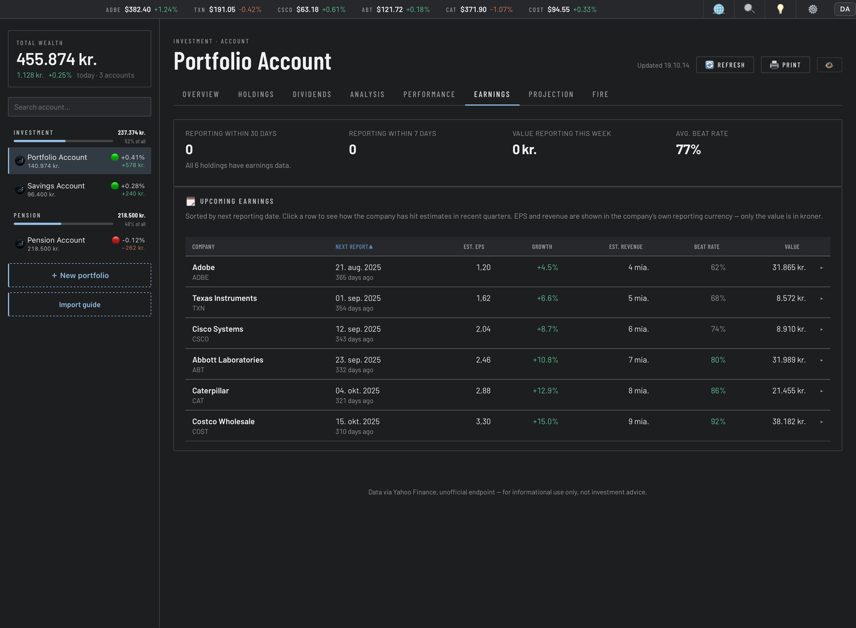 Portfolio Dashboard — Earnings
